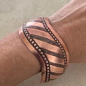 Hand Made Embossed Copper Cuff Bracelet w Black Accents